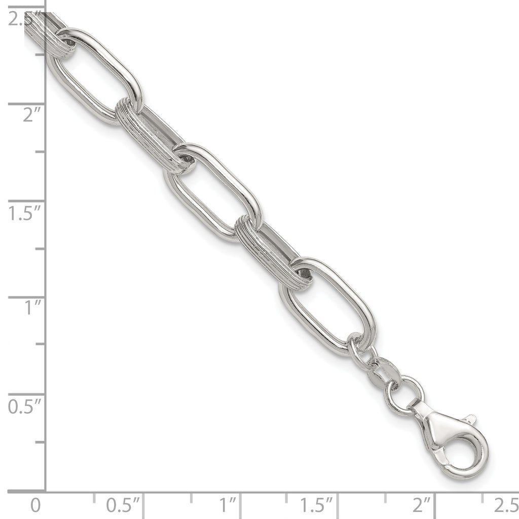 Sterling Silver Polished and Textured Oval Link 7 inch with 0.5 inch Extender Bracelet