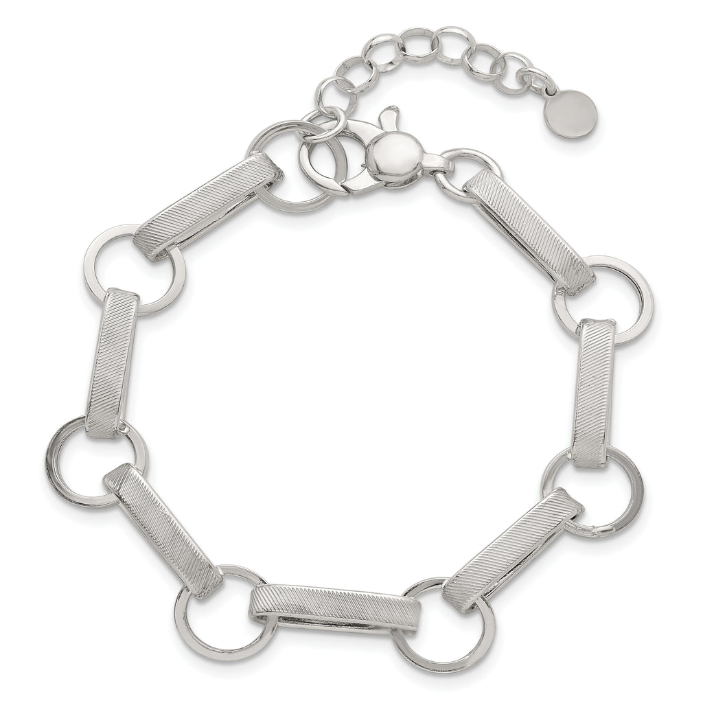 Sterling Silver Polished and Textured Oval and Round Link 7.5 inch with 1 inch Extender Bracelet