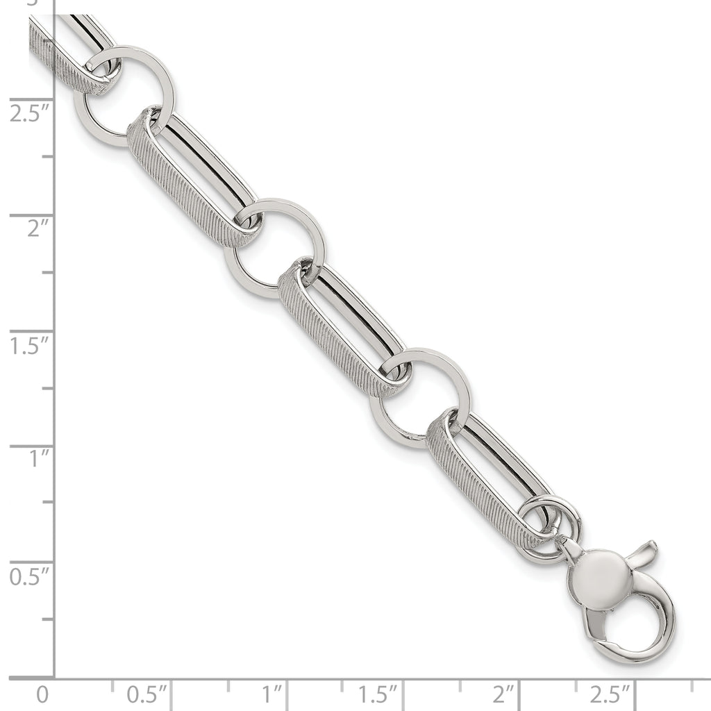 Sterling Silver Polished and Textured Oval and Round Link 7.5 inch with 1 inch Extender Bracelet