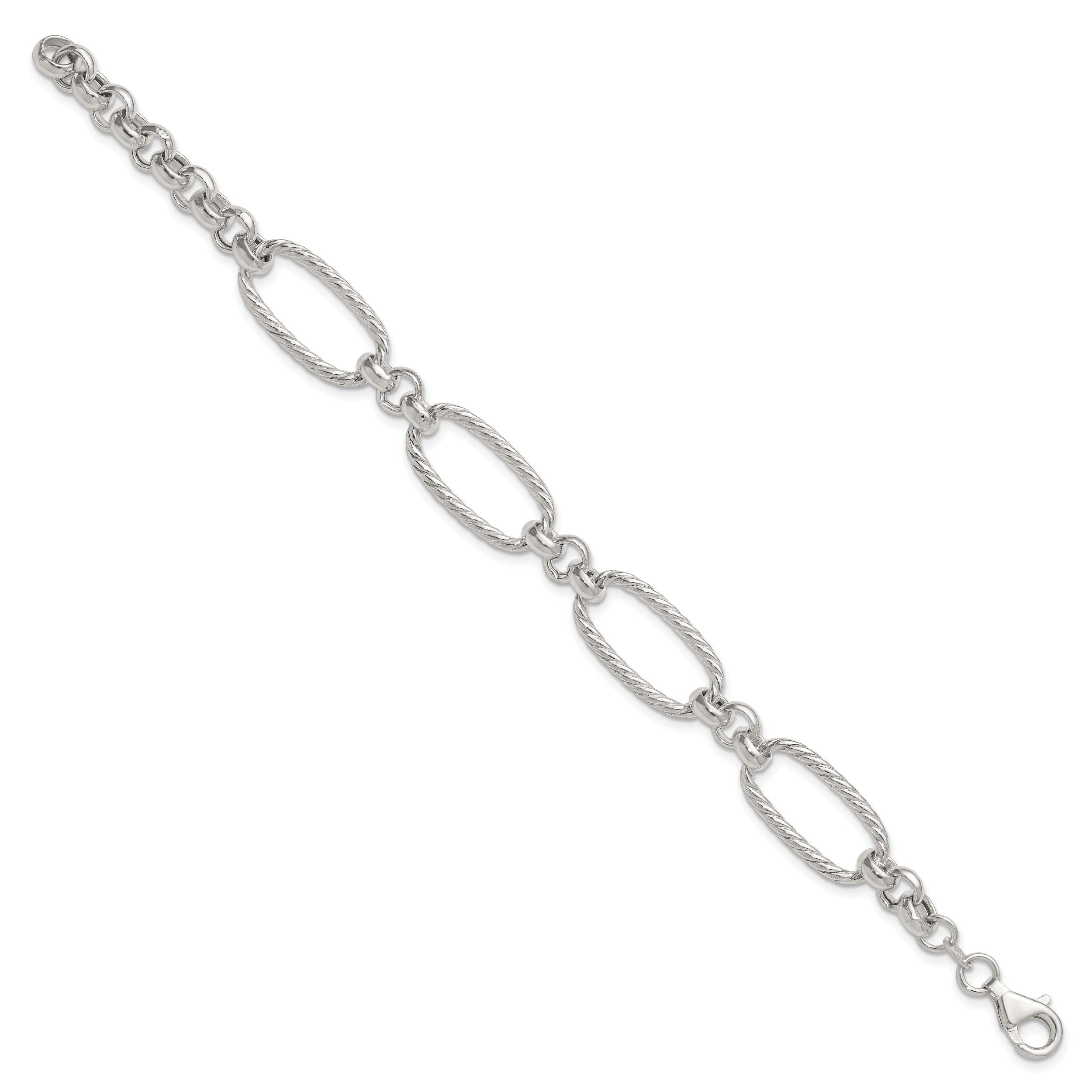Sterling Silver Polished and Twisted Fancy Oval Link 7.5 inch Bracelet