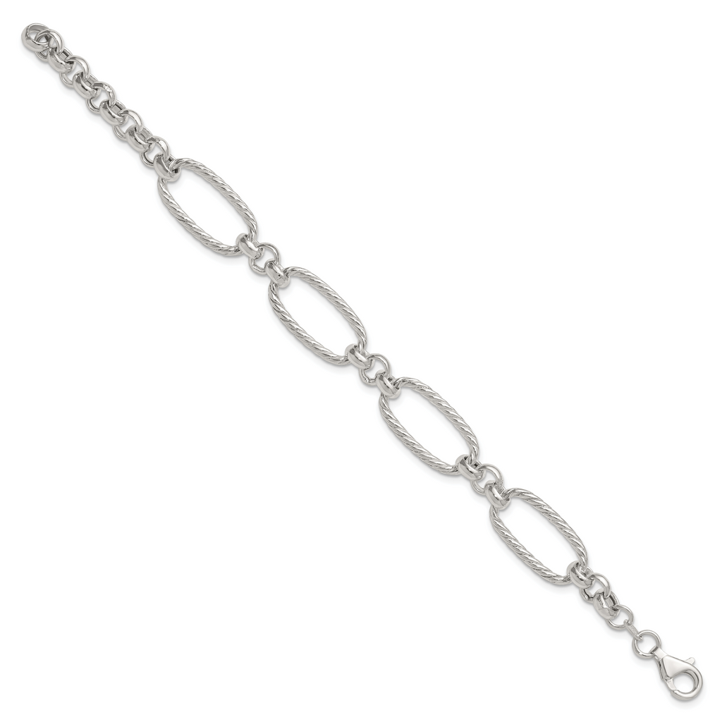 Sterling Silver Polished and Twisted Fancy Oval Link 7.5 inch Bracelet