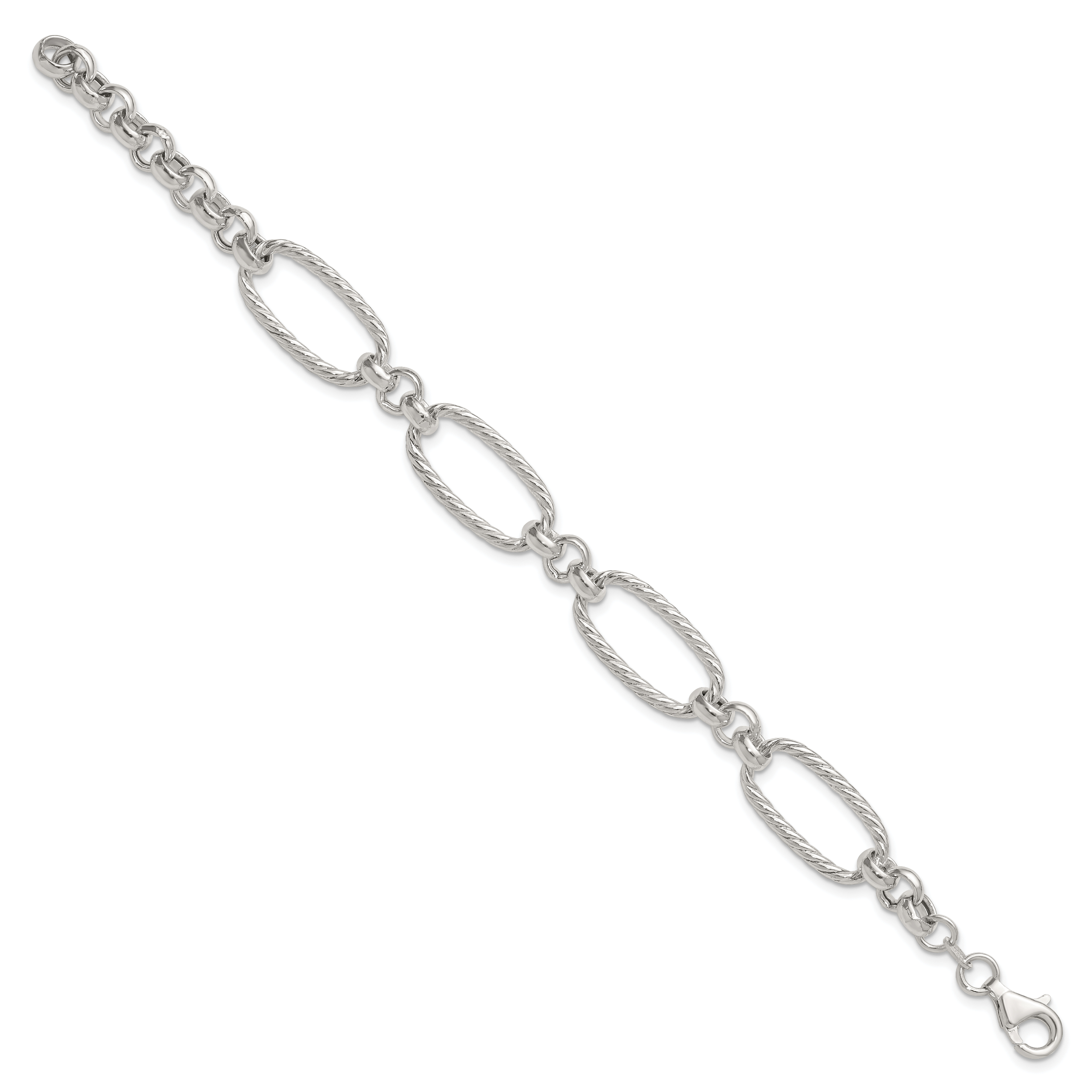 Sterling Silver Polished and Twisted Fancy Oval Link 7.5 inch Bracelet