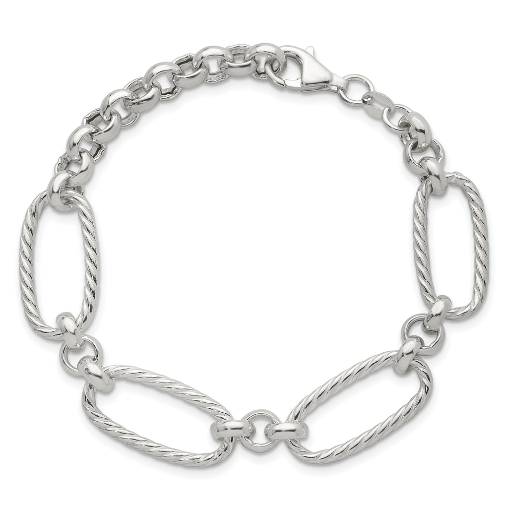Sterling Silver Polished and Twisted Fancy Oval Link 7.5 inch Bracelet