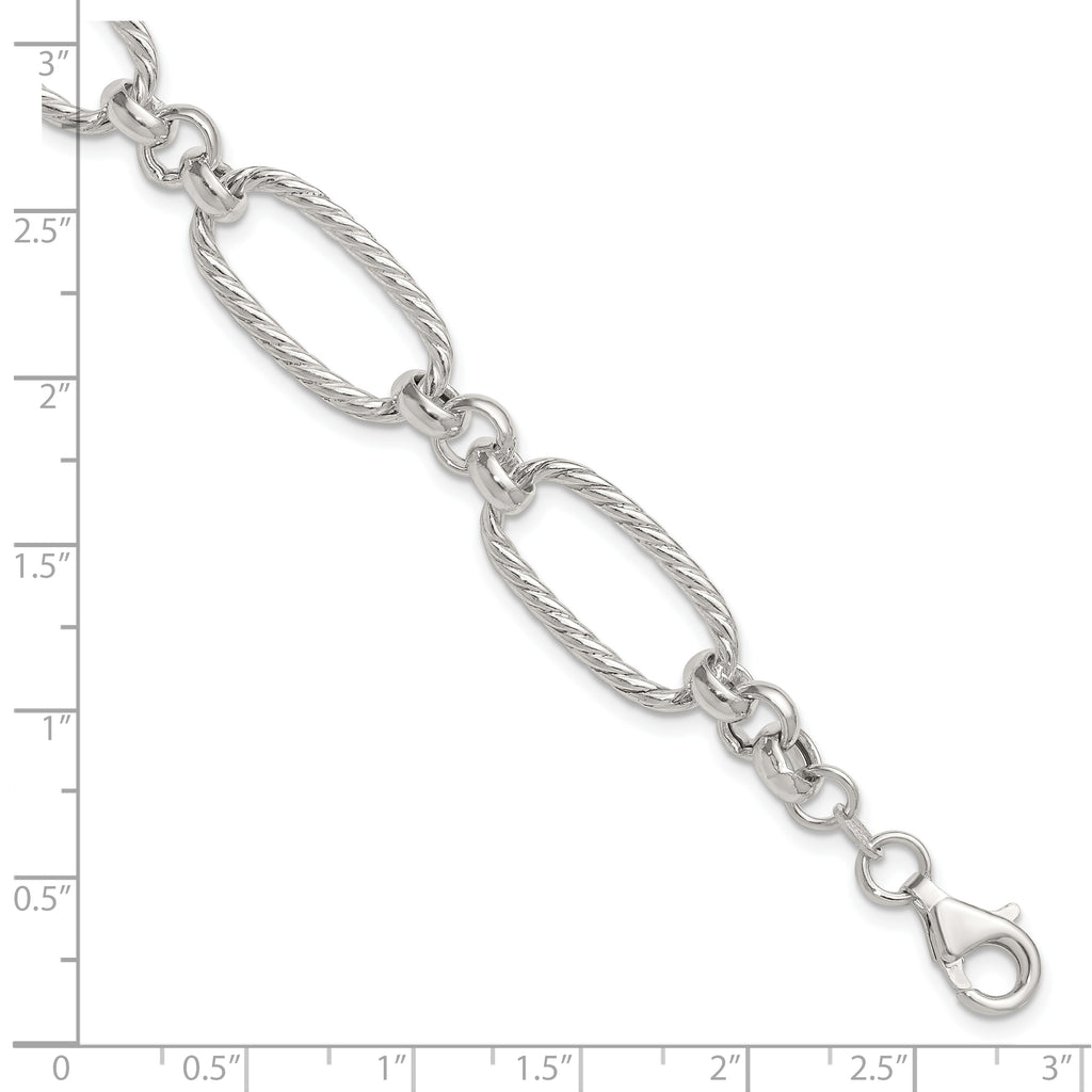 Sterling Silver Polished and Twisted Fancy Oval Link 7.5 inch Bracelet