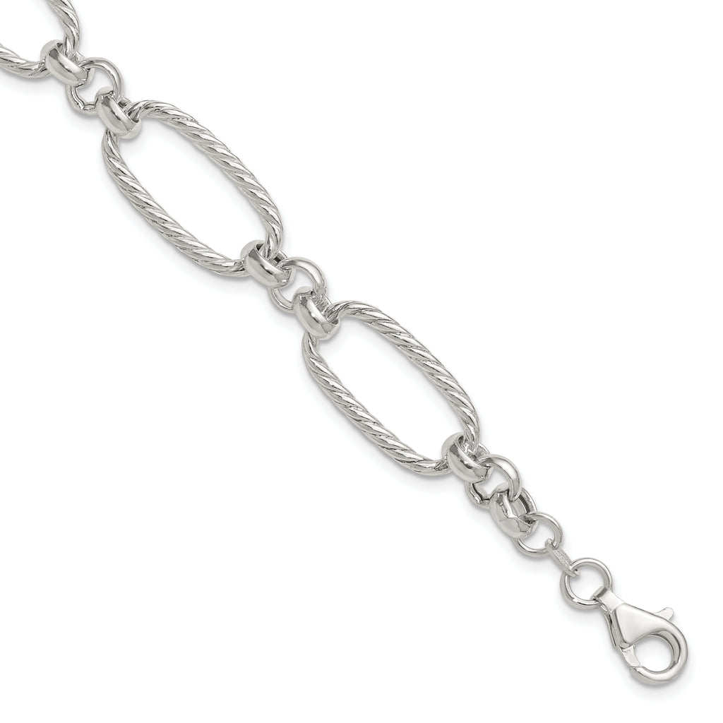 Sterling Silver Polished and Twisted Fancy Oval Link 7.5 inch Bracelet