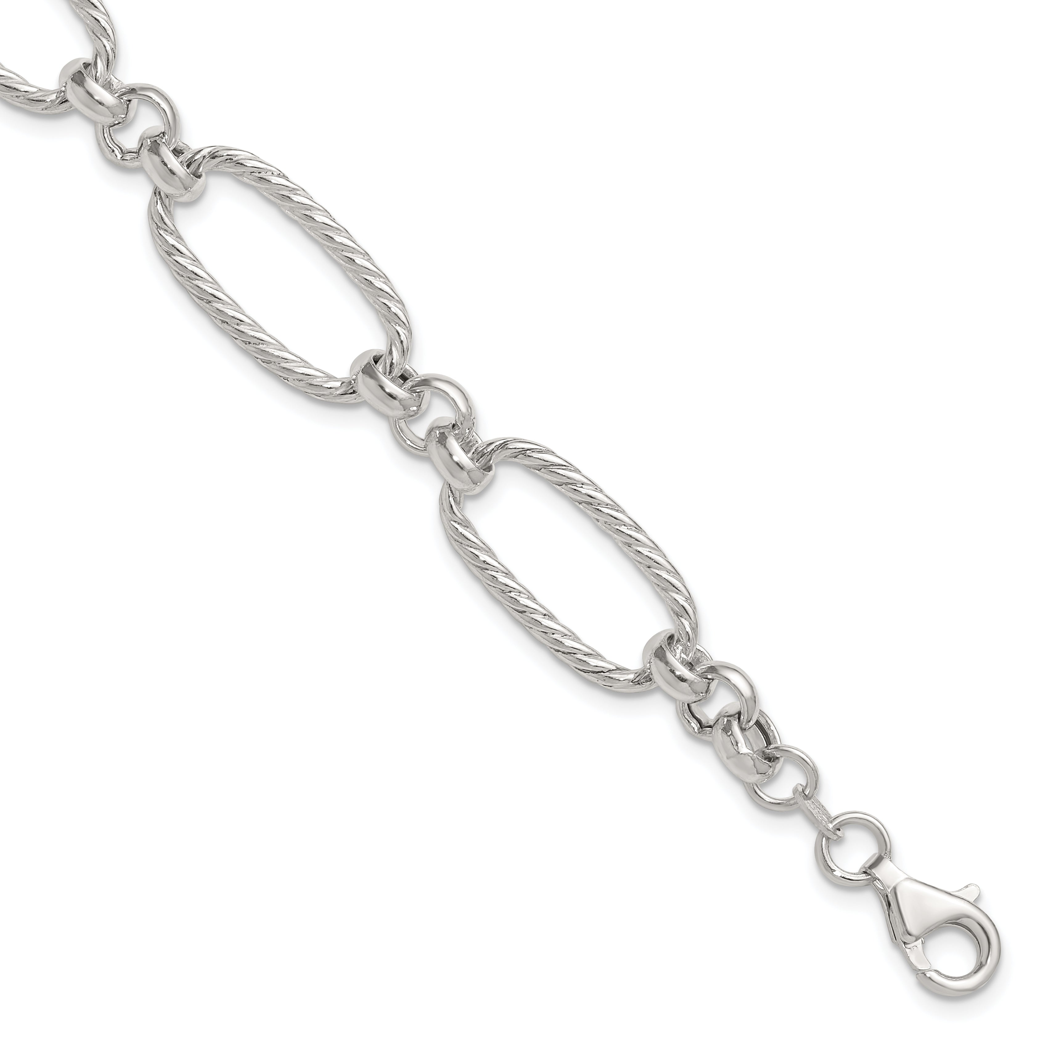 Sterling Silver Polished and Twisted Fancy Oval Link 7.5 inch Bracelet