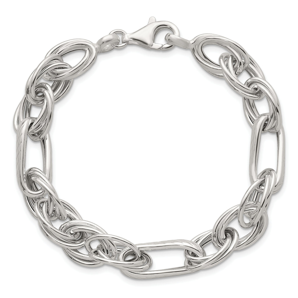 Sterling Silver Polished and Textured Triple Link and Twisted Link 8 inch Bracelet