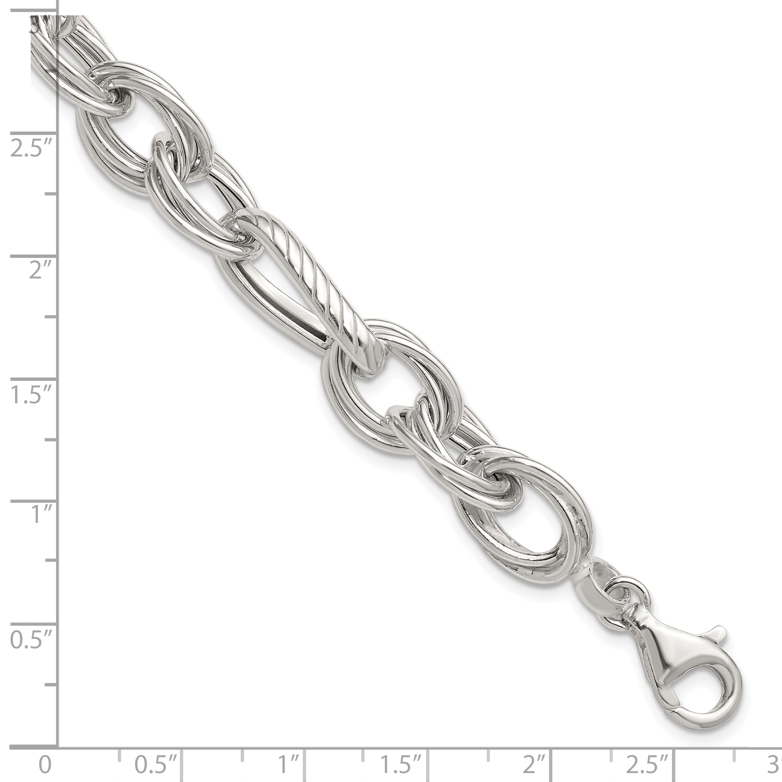 Sterling Silver Polished and Textured Triple Link and Twisted Link 8 inch Bracelet