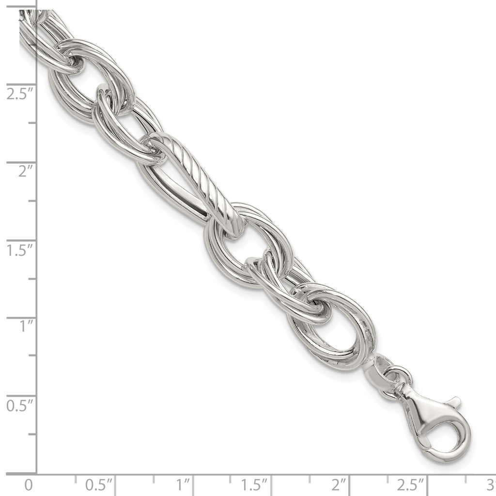 Sterling Silver Polished and Textured Triple Link and Twisted Link 8 inch Bracelet