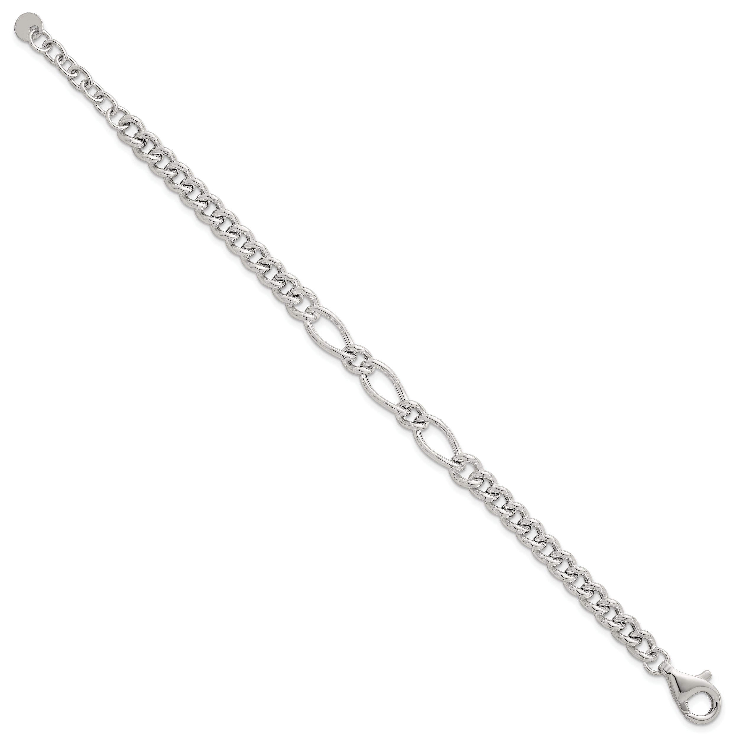 Sterling Silver Polished Mixed Curb Link 6.75 Inch with 1 Inch Extension Bracelet