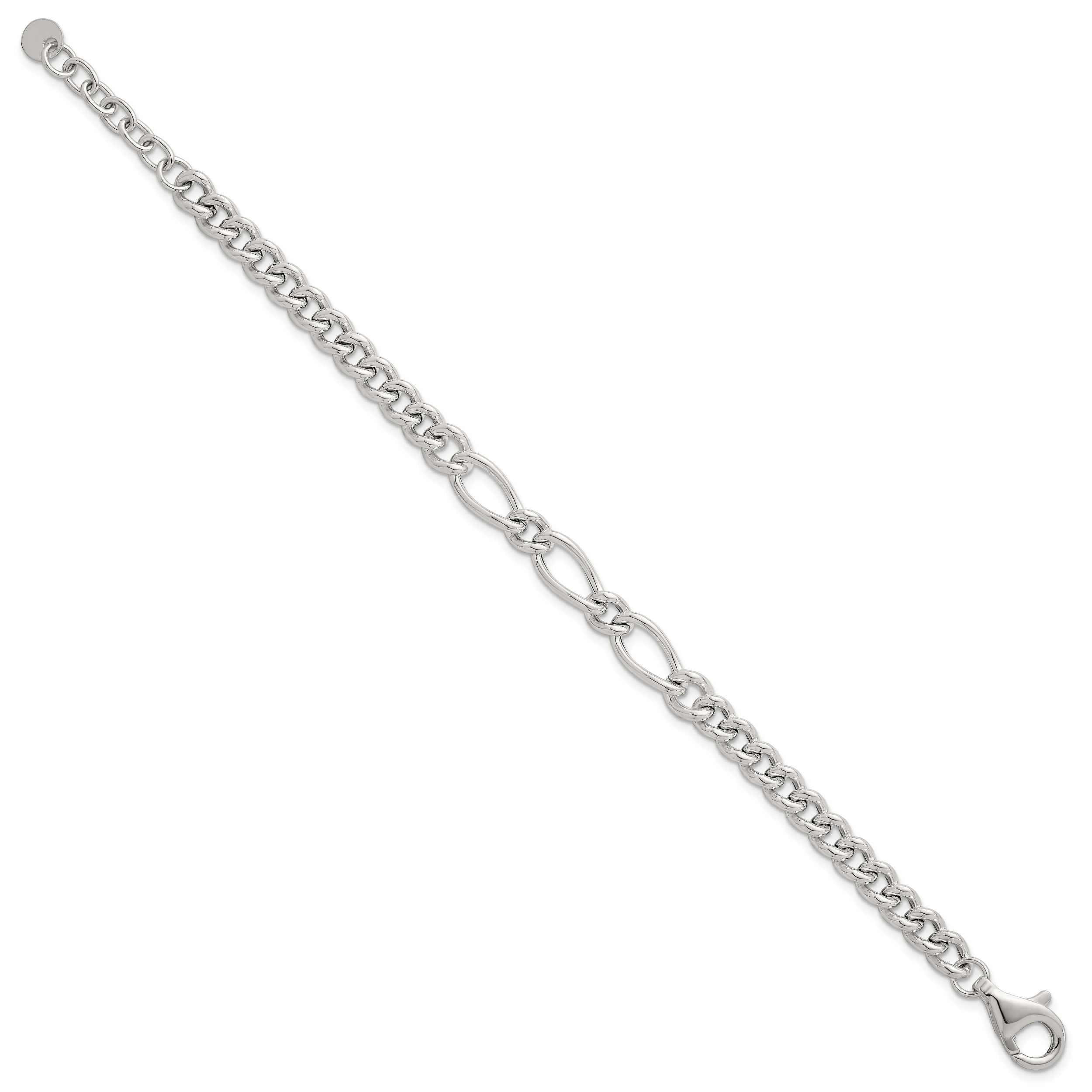 Sterling Silver Polished Mixed Curb Link 6.75 Inch with 1 Inch Extension Bracelet Secondary image