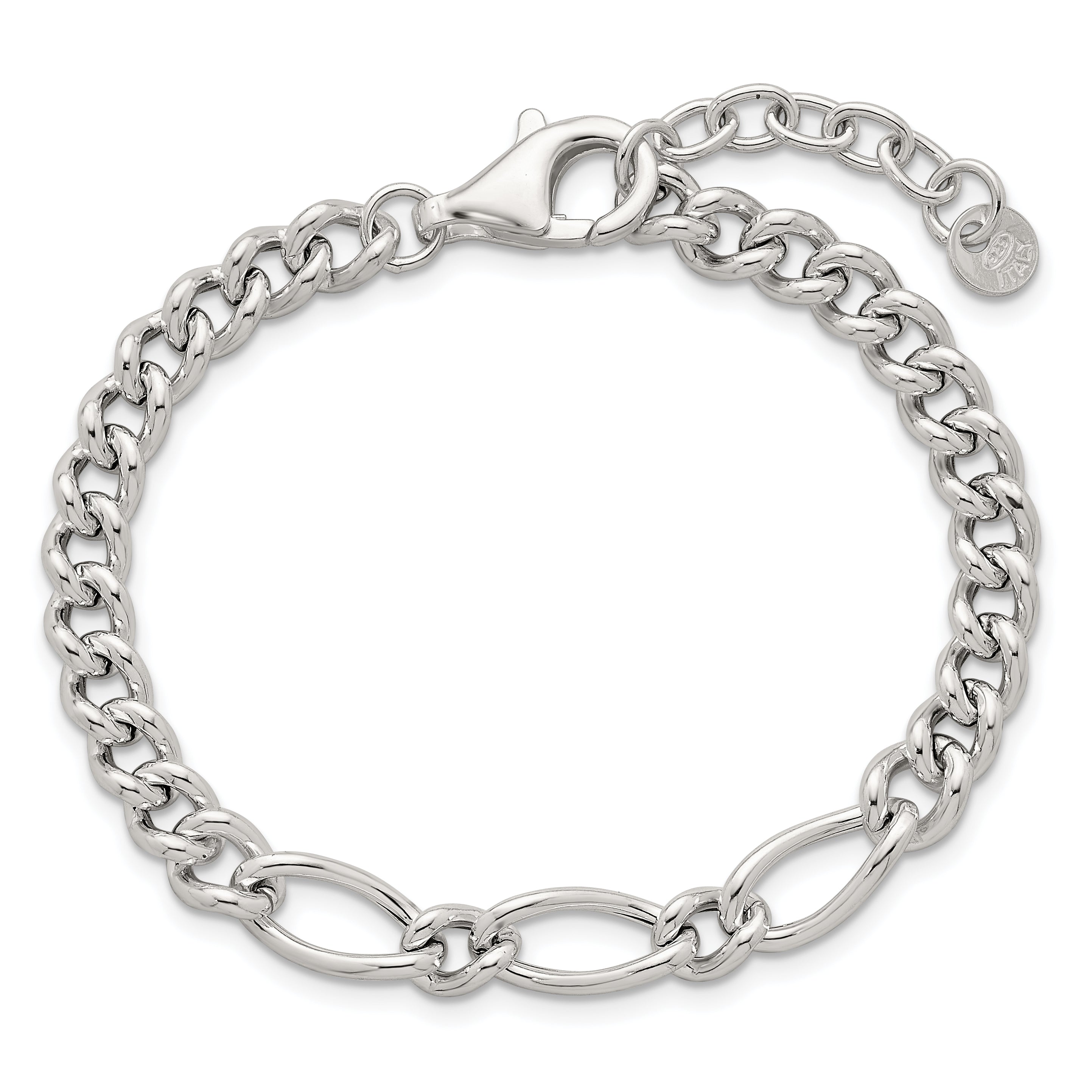 Sterling Silver Polished Mixed Curb Link 6.75 Inch with 1 Inch Extension Bracelet