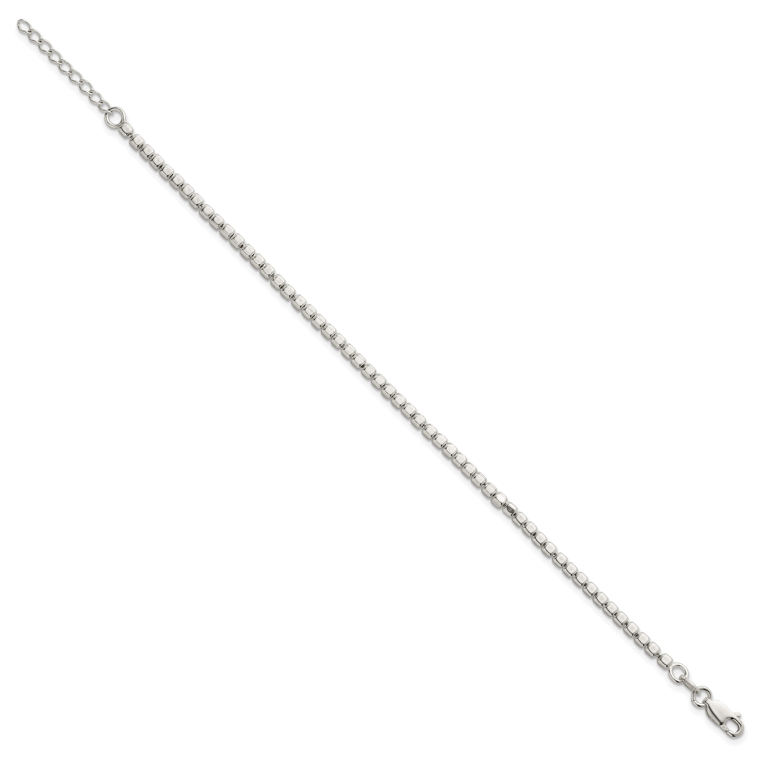 Sterling Silver Polished and Square Beaded 7 Inch with 1 Inch Extension Bracelet