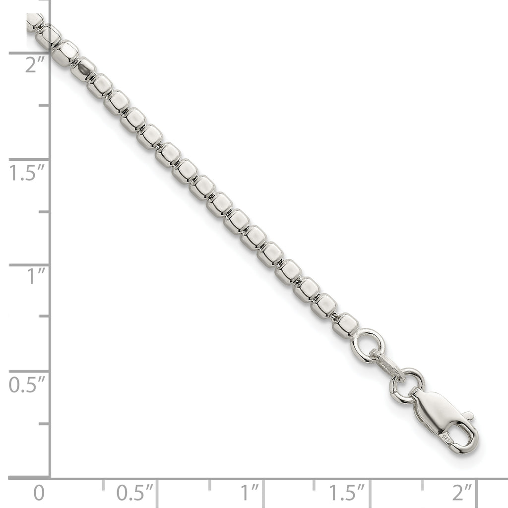Sterling Silver Polished and Square Beaded 7 Inch with 1 Inch Extension Bracelet