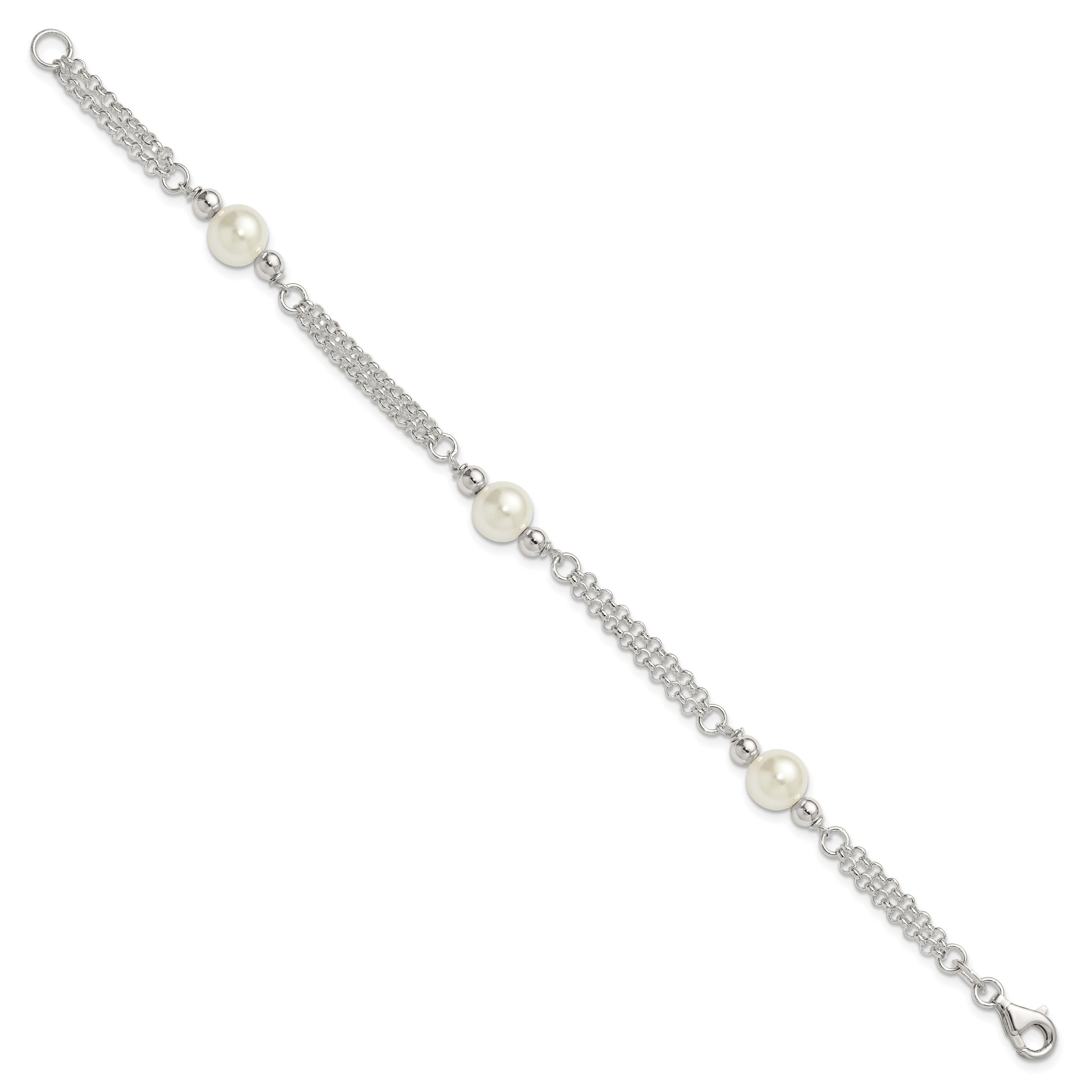 Sterling Silver Polished Double Strand with Glass Pearls 7.5 inch 3-Station Bracelet Secondary image