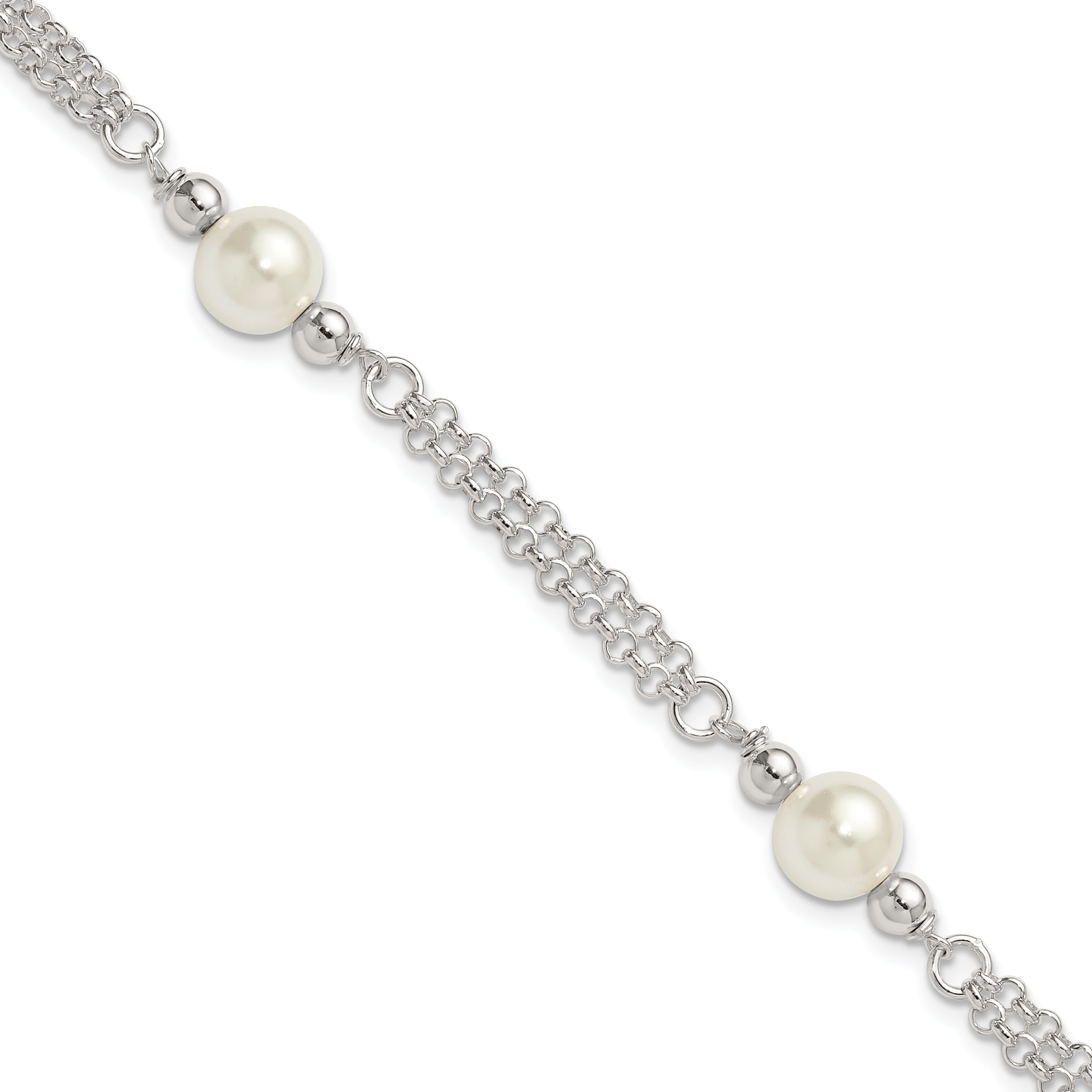 Sterling Silver Polished Double Strand with Glass Pearls 7.5 inch 3-Station Bracelet Main image