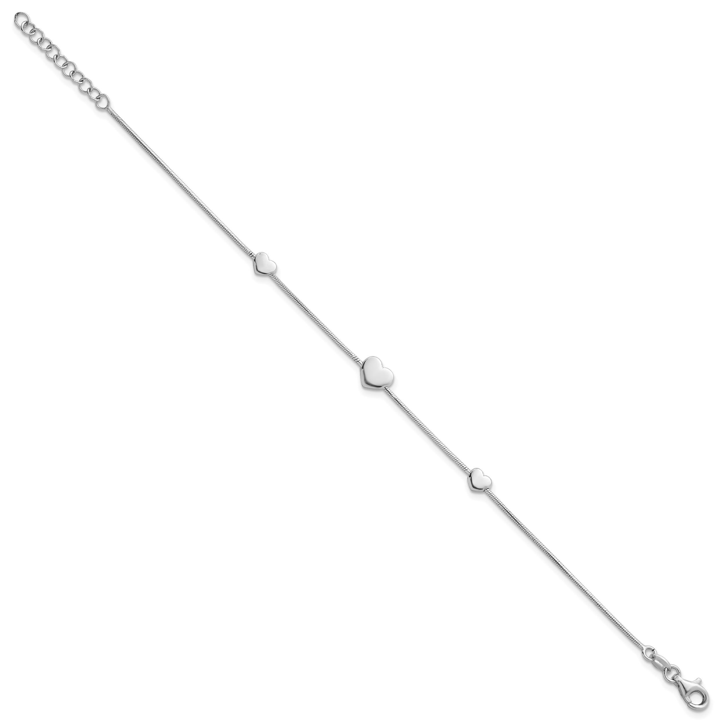 Sterling Silver Rhodium-plated Three Hearts 7 inch with 1 inch Extension Bracelet Secondary image
