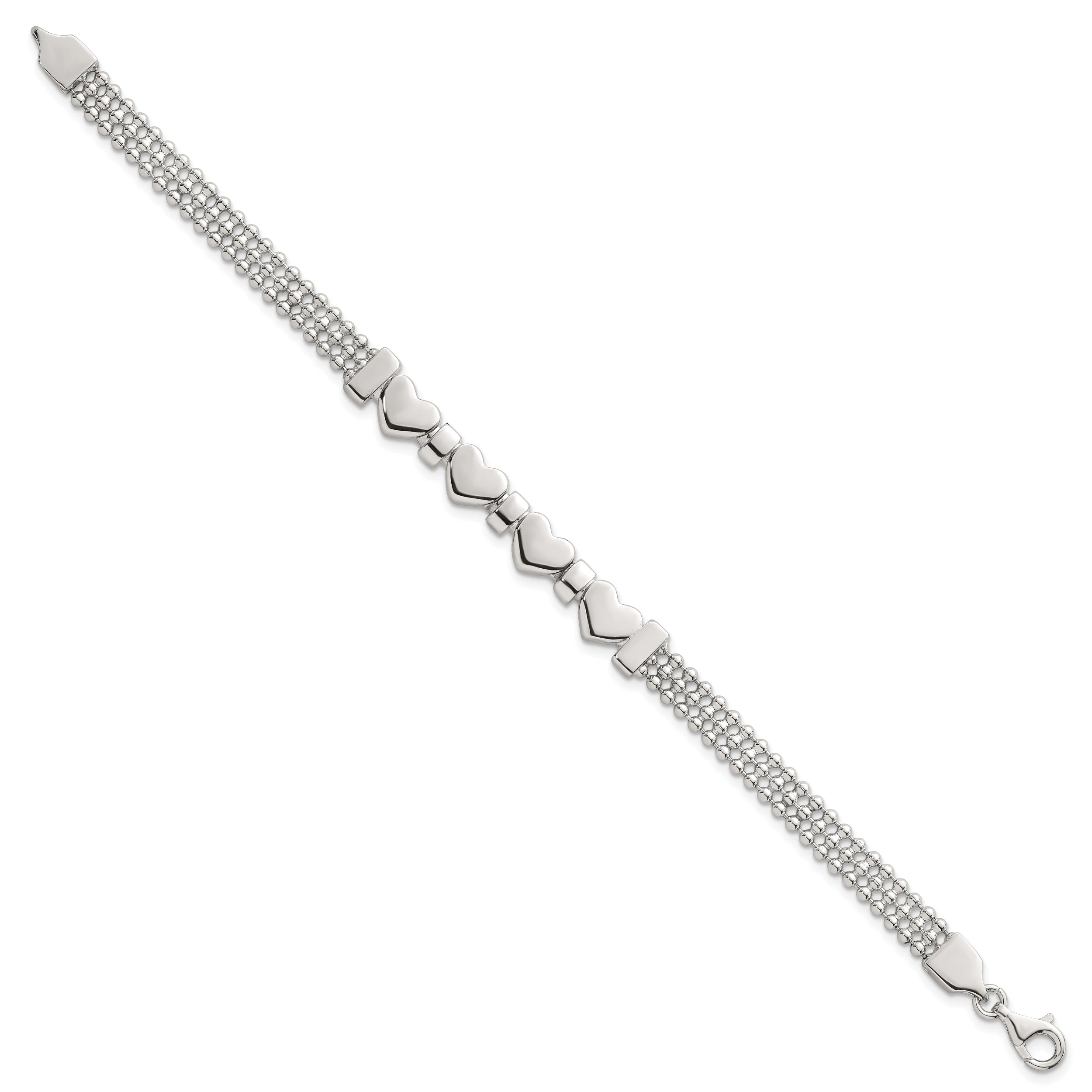 Sterling Silver Polished and Beaded 4-Hearts 7.25 Inch Bracelet