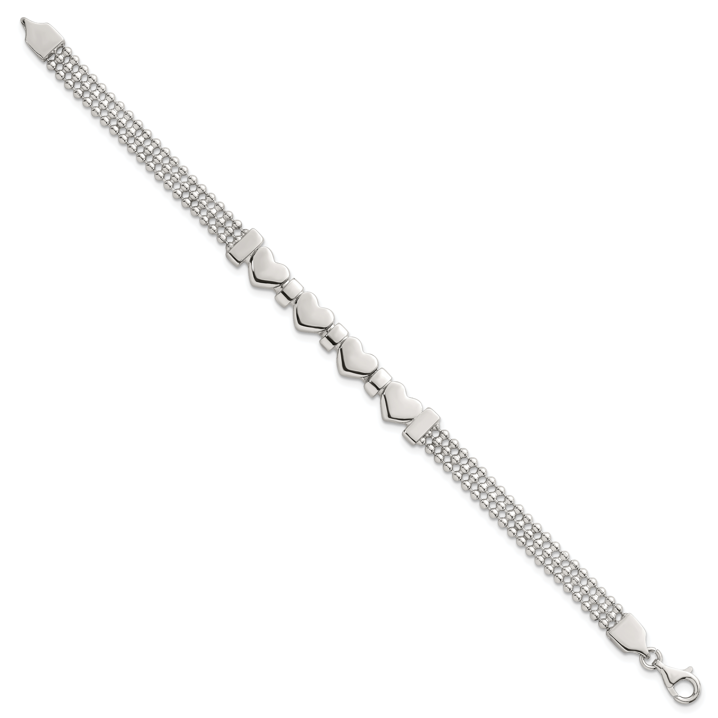 Sterling Silver Polished and Beaded 4-Hearts 7.25 Inch Bracelet Secondary image
