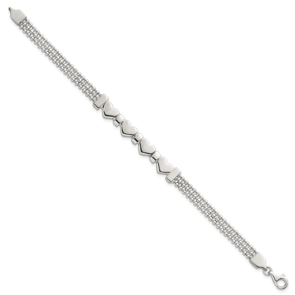 Sterling Silver Polished and Beaded 4-Hearts 7.25 Inch Bracelet