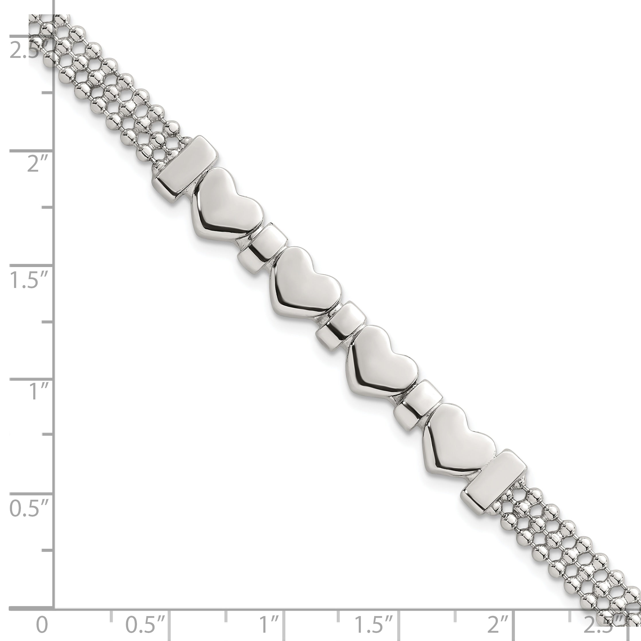 Sterling Silver Polished and Beaded 4-Hearts 7.25 Inch Bracelet