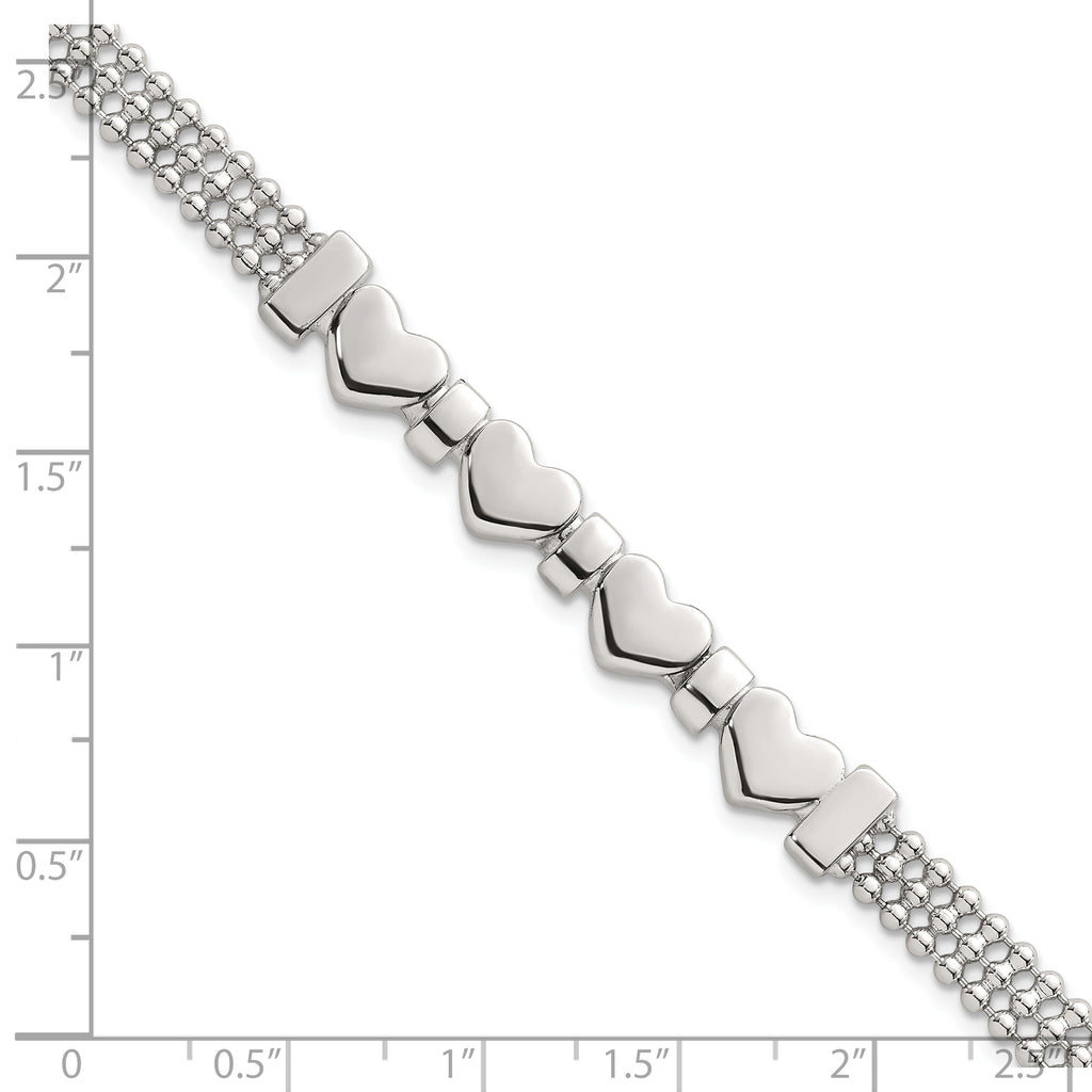 Sterling Silver Polished and Beaded 4-Hearts 7.25 Inch Bracelet