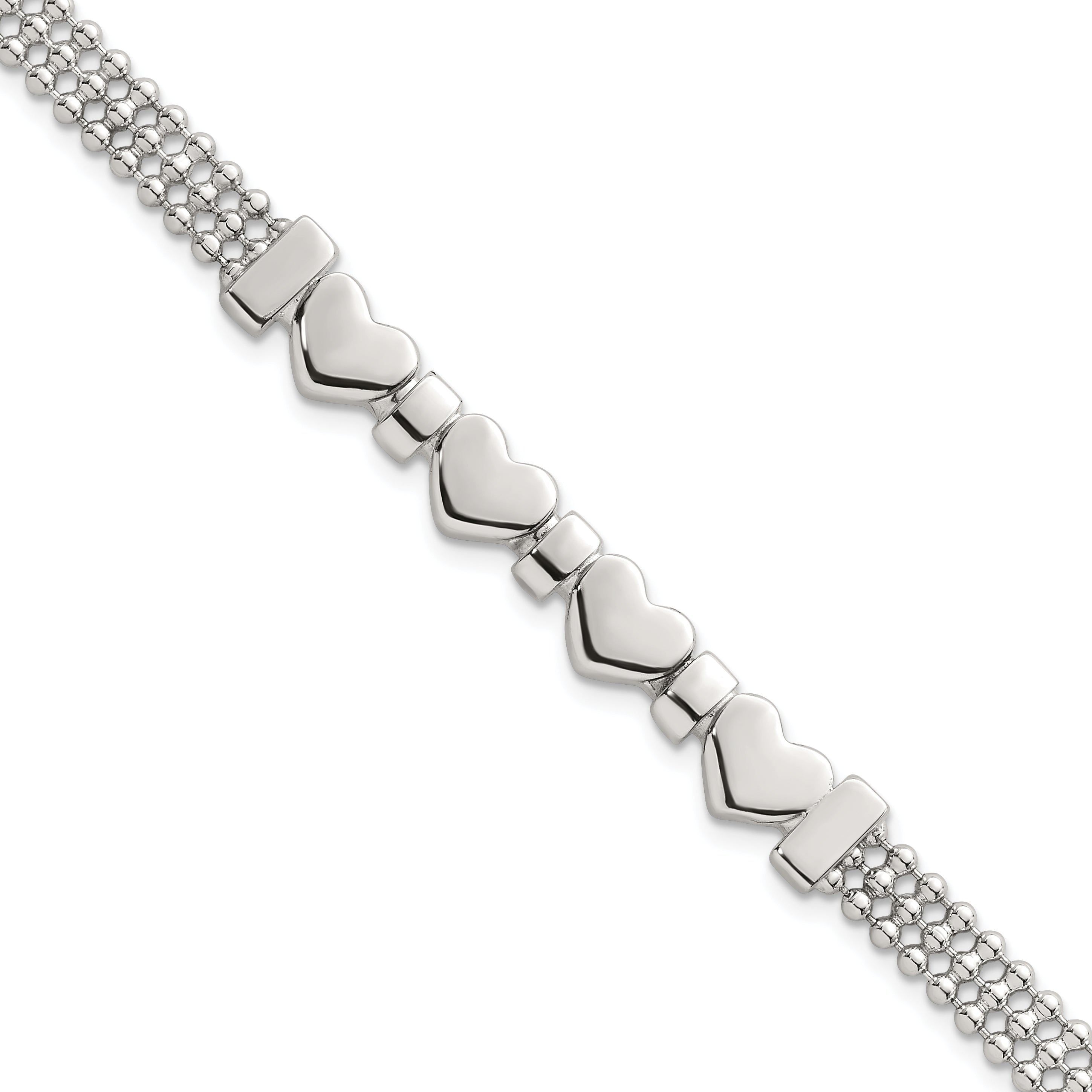 Sterling Silver Polished and Beaded 4-Hearts 7.25 Inch Bracelet Main image
