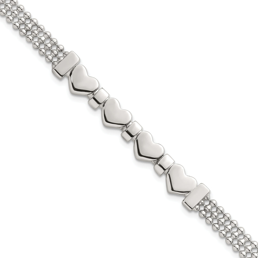 Sterling Silver Polished and Beaded 4-Hearts 7.25 Inch Bracelet