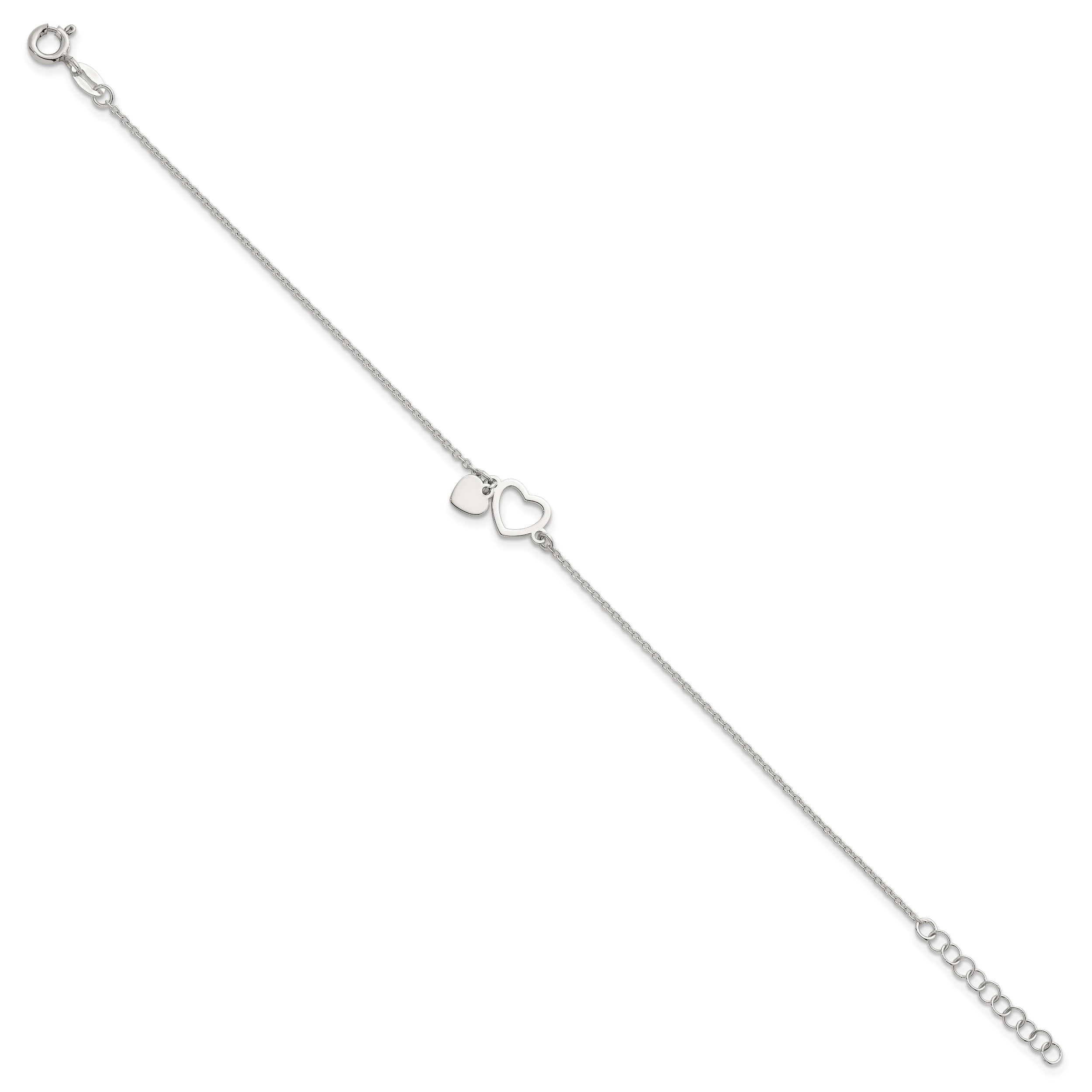 Sterling Silver Polished Double Heart 7 inch with 1 inch Extension Bracelet