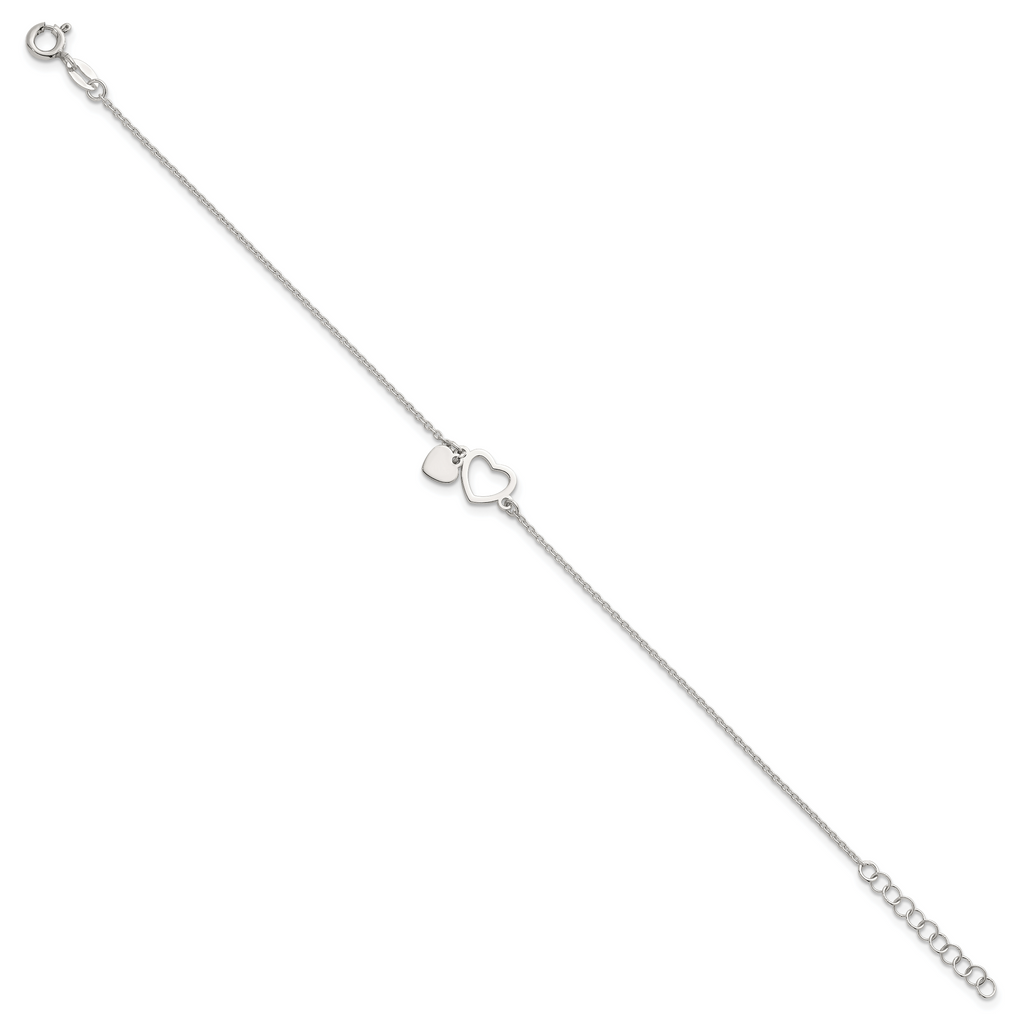 Sterling Silver Polished Double Heart 7 inch with 1 inch Extension Bracelet