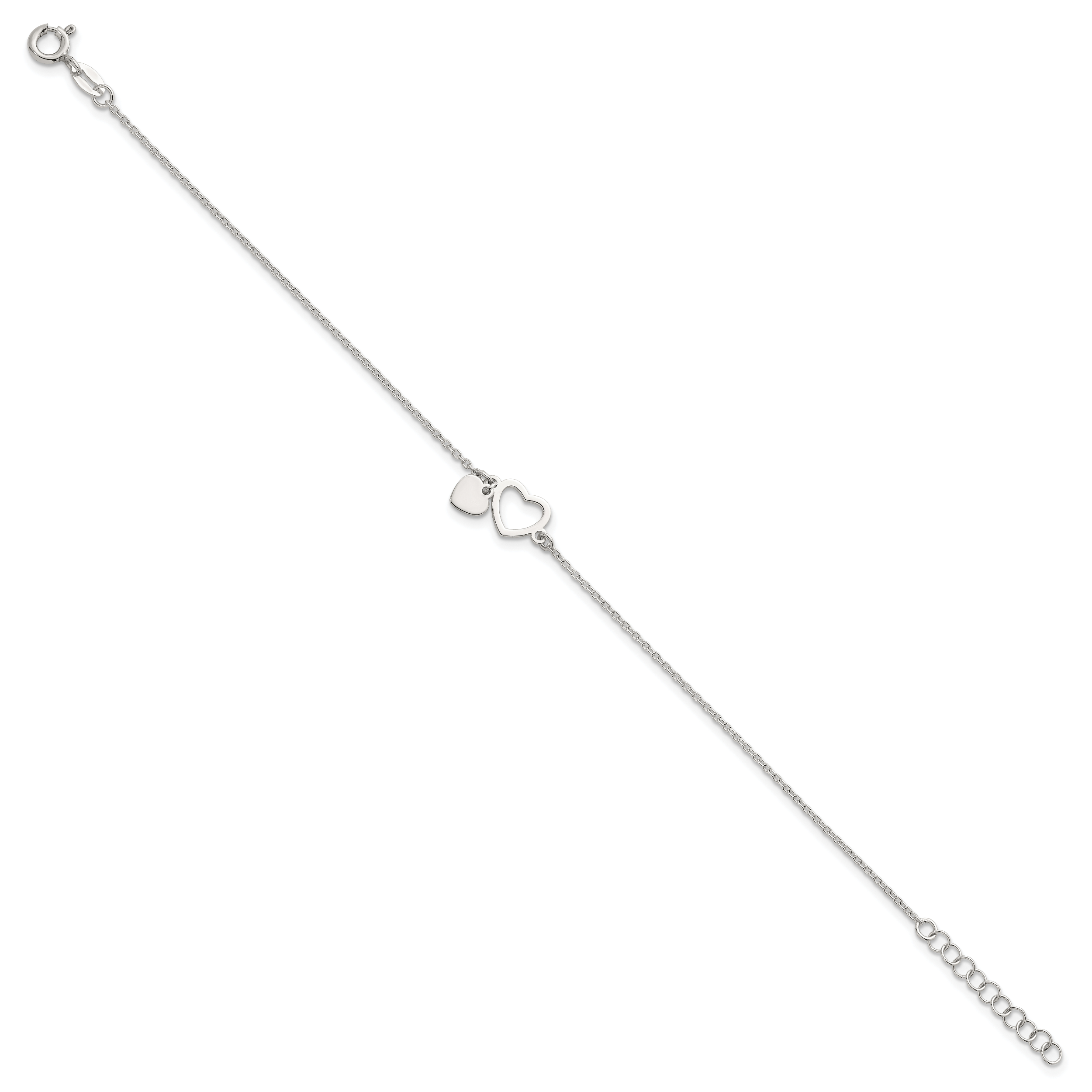Sterling Silver Polished Double Heart 7 inch with 1 inch Extension Bracelet