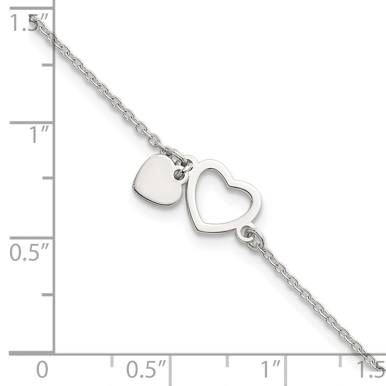 Sterling Silver Polished Double Heart 7 inch with 1 inch Extension Bracelet