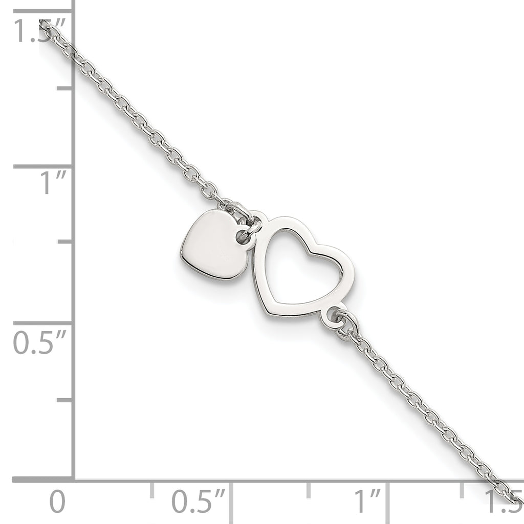 Sterling Silver Polished Double Heart 7 inch with 1 inch Extension Bracelet