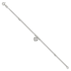 Sterling Silver Polished and Beaded with White CZ Heart Double Strand 7.5 inch Bracelet