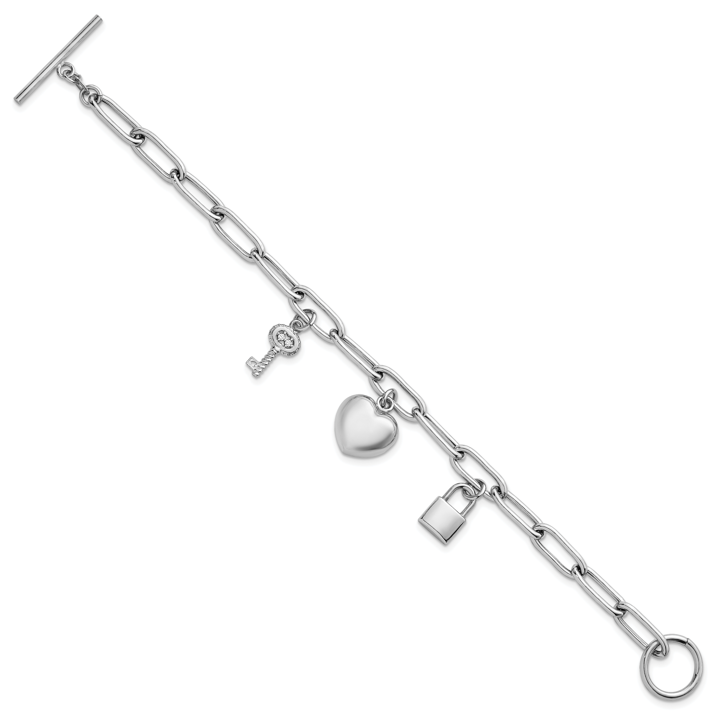 Sterling Silver Rhodium-plated Heart Lock and Key with CZ 7.5 inch Paperclip Chain Toggle Bracelet Secondary image