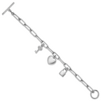 Sterling Silver Rhodium-plated Heart Lock and Key with CZ 7.5 inch Paperclip Chain Toggle Bracelet