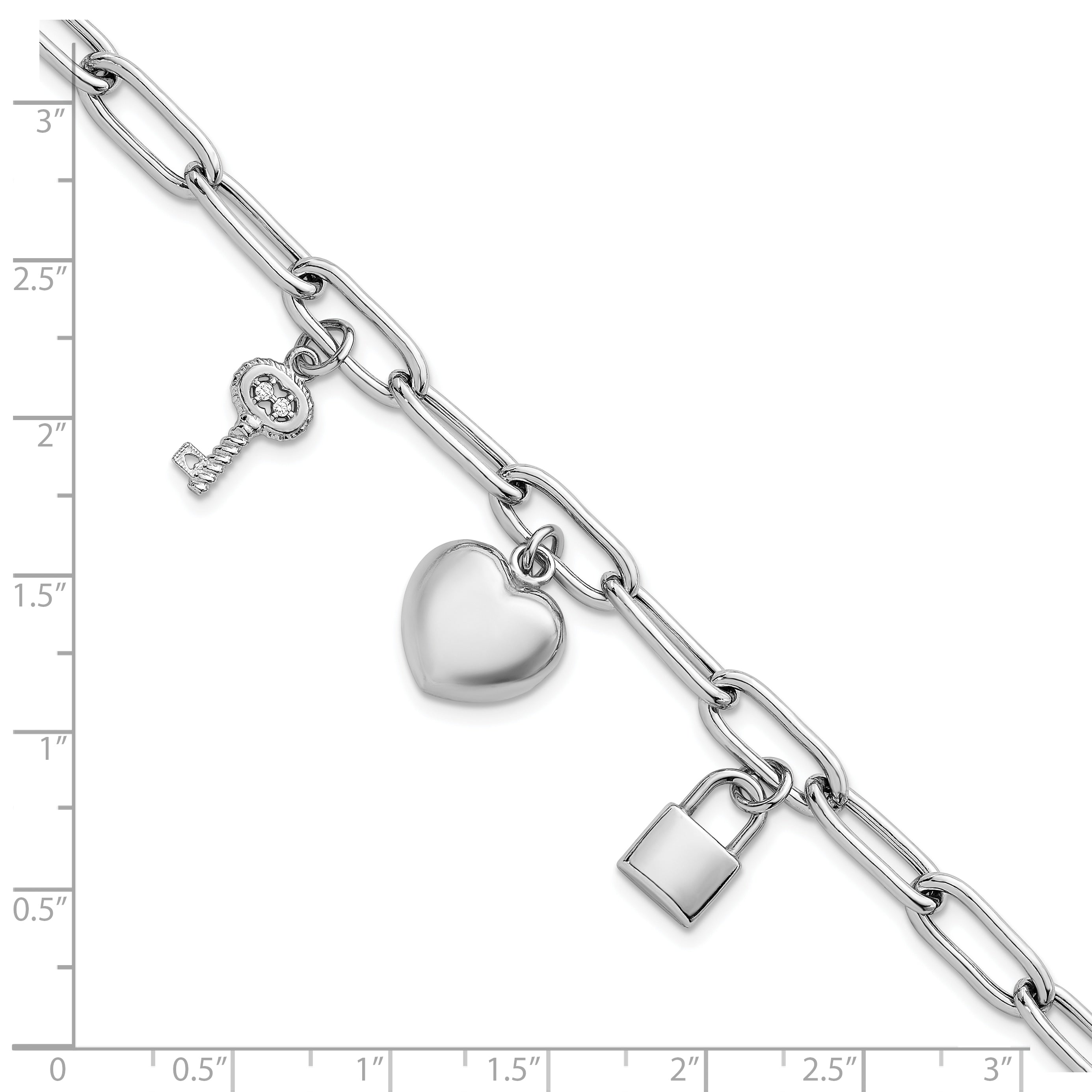 Sterling Silver Rhodium-plated Heart Lock and Key with CZ 7.5 inch Paperclip Chain Toggle Bracelet
