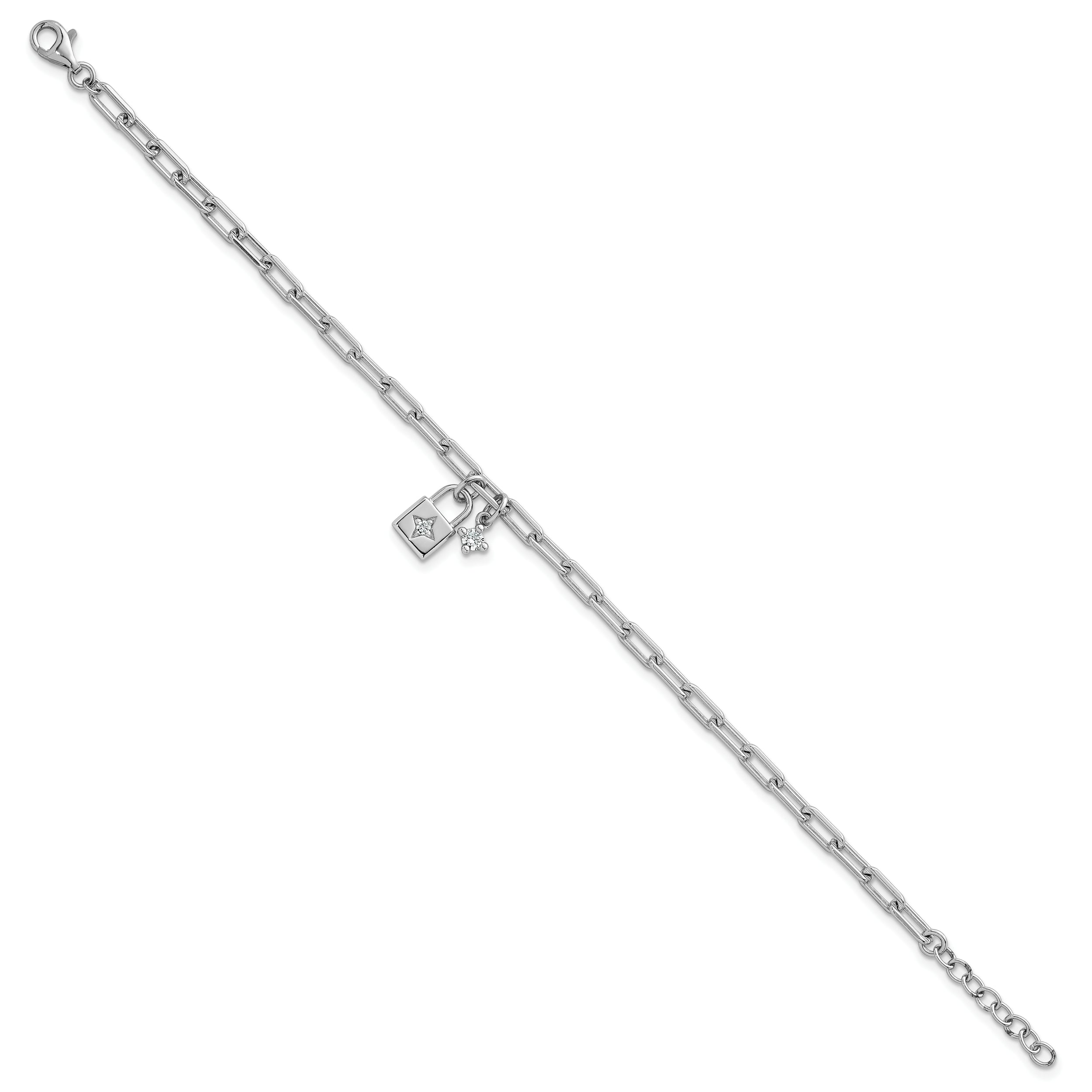 Sterling Silver Rhodium-plated Polished CZ and Lock 7 inch with 0.75 inch Extender Bracelet