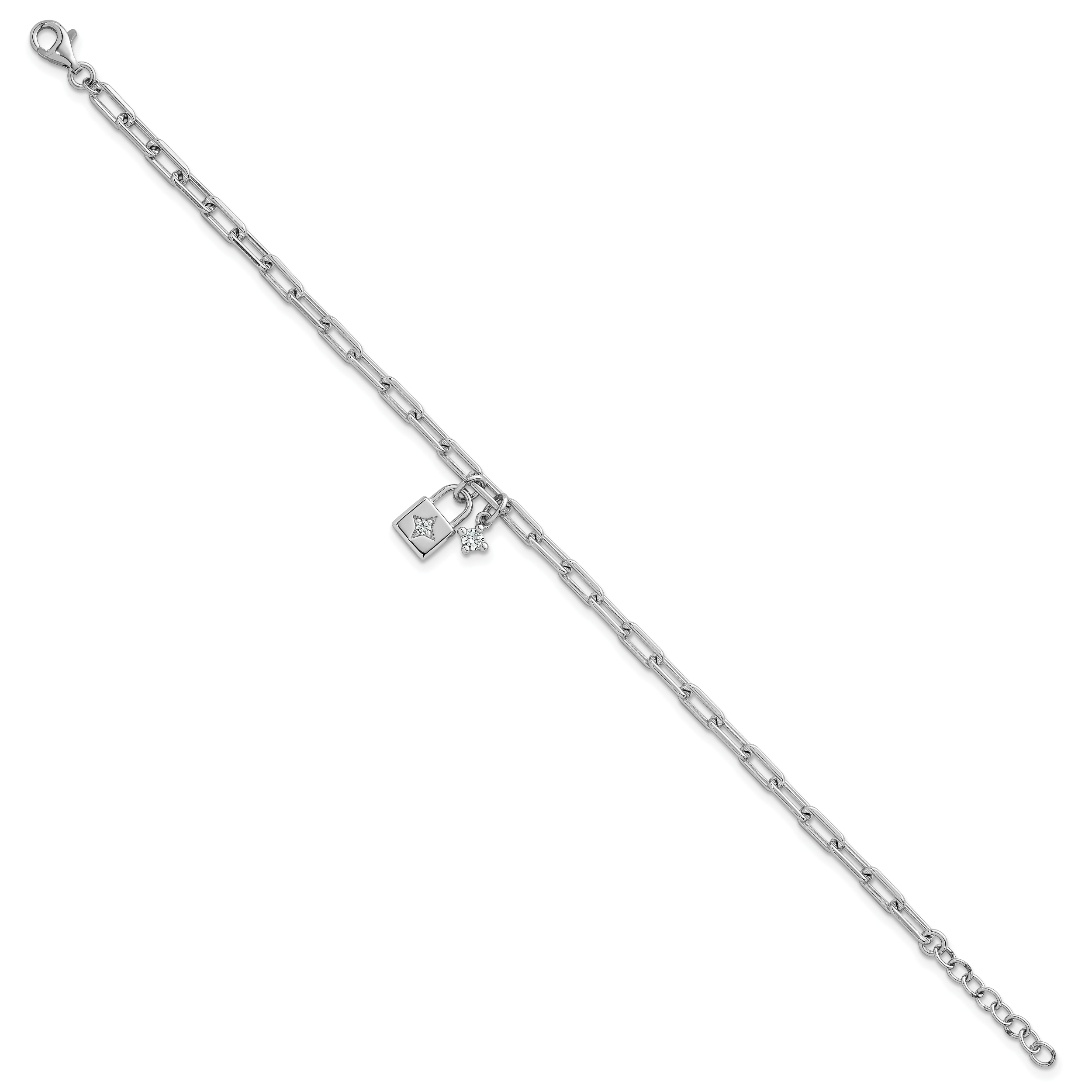 Sterling Silver Rhodium-plated Polished CZ and Lock 7 inch with 0.75 inch Extender Bracelet Secondary image