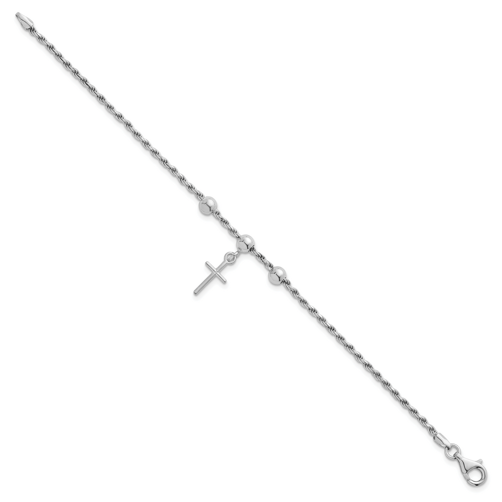 Sterling Silver Rhodium-plated Cross Dangle and Beads 7 inch Rope Chain Bracelet