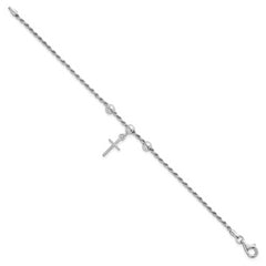 Sterling Silver Rhodium-plated Cross Dangle and Beads 7 inch Rope Chain Bracelet