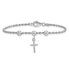 Sterling Silver Rhodium-plated Cross Dangle and Beads 7 inch Rope Chain Bracelet