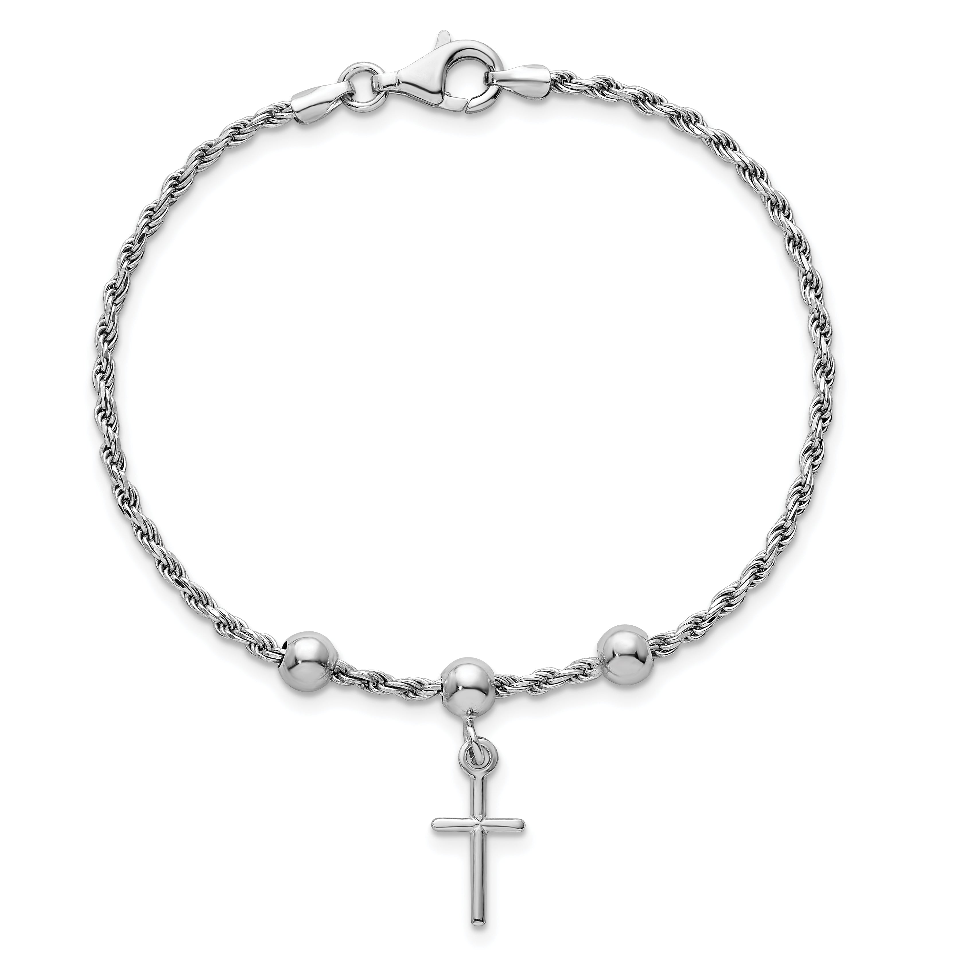 Sterling Silver Rhodium-plated Cross Dangle and Beads 7 inch Rope Chain Bracelet