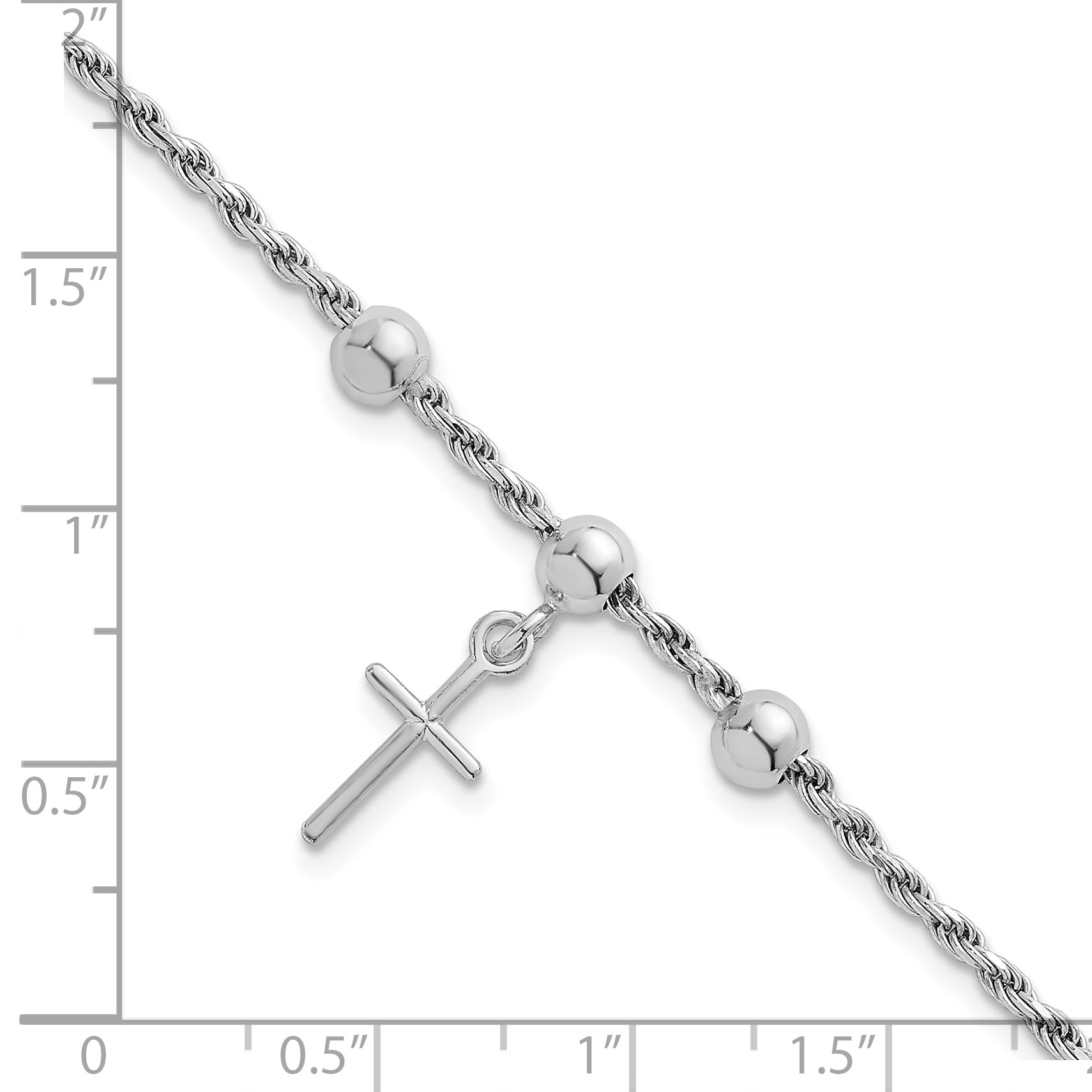 Sterling Silver Rhodium-plated Cross Dangle and Beads 7 inch Rope Chain Bracelet