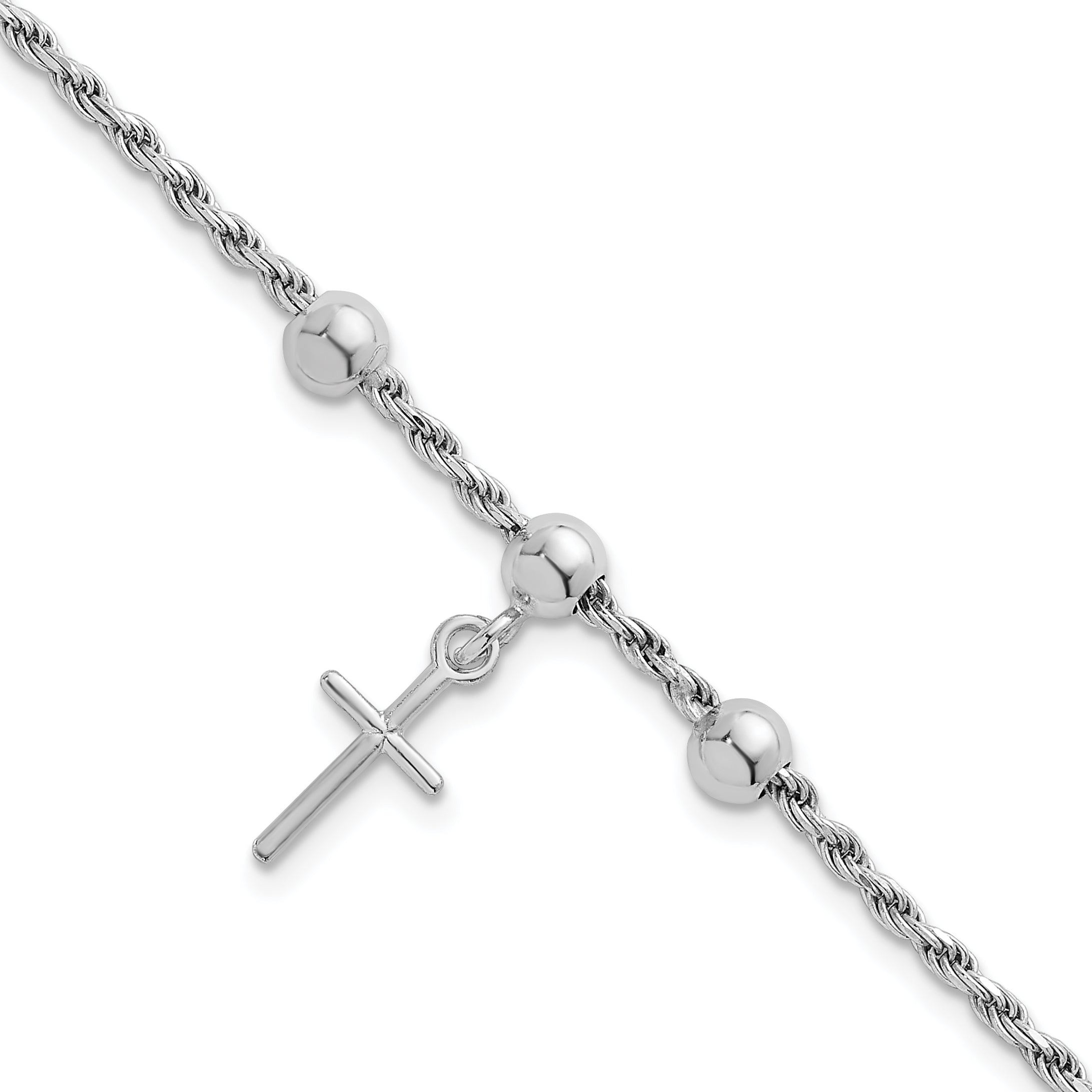 Sterling Silver Rhodium-plated Cross Dangle and Beads 7 inch Rope Chain Bracelet