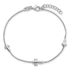 Sterling Silver Rhodium-plated Three Crosses 7 inch with 1 inch Extension Bracelet