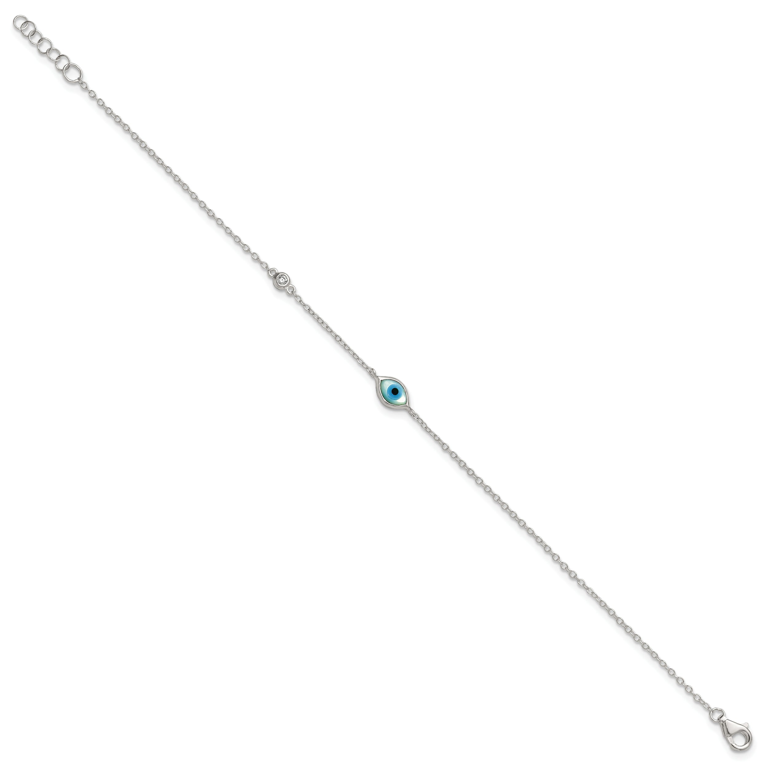 Sterling Silver Polished CZ and Mother of Pearl Evil Eye 6.75 Inch with 0.5 Inch Extension Bracelet