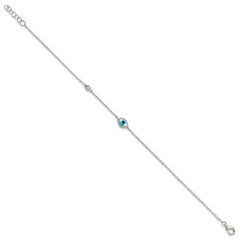 Sterling Silver Polished CZ and Mother of Pearl Evil Eye 6.75 Inch with 0.5 Inch Extension Bracelet