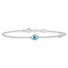 Sterling Silver Polished CZ and Mother of Pearl Evil Eye 6.75 Inch with 0.5 Inch Extension Bracelet
