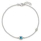 Sterling Silver Polished CZ and Mother of Pearl Evil Eye 6.75 Inch with 0.5 Inch Extension Bracelet